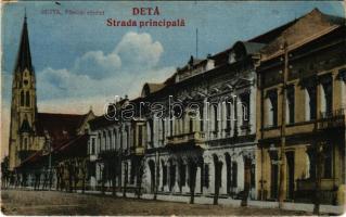 Detta, Ghedu, Deta; Fő utca, templom, üzlet. Ballon Sándor és fia kiadása / main street, church, shop (kopott sarkak / worn corners)
