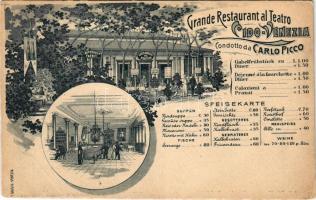 Venezia, Venice; Lido, Grande Restaurant al Teatro Lido-Venezia Condotta da Carlo Picco, Speisekarte. F. Guggia / restaurant and theatre, interior, menu. Art Nouveau advertisement (EB)