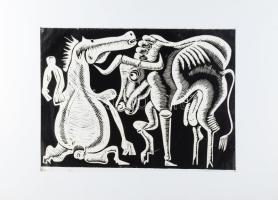 Láta László (1938-): Ló és bika, 1977. Linómetszet, papír, jelzett, paszpartuban, 34,5x48 cm