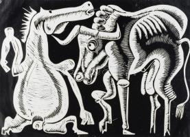 Láta László (1938-): Ló és bika, 1977. Linómetszet, papír, jelzett, paszpartuban, 34,5x48 cm