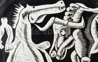 Láta László (1938-): Ló és bika, 1977. Linómetszet, papír, jelzett, paszpartuban, 34,5x48 cm
