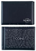 2db sötétkék műbőr "NUMIS / Leuchtturm" zsebalbum (~102x145mm), egyenként 42db 40x40mm-es férőhellyel, összesen 84db érme számára. Használt, de jó állapotban, néhány helyen repedt a fólia