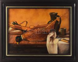 Bákai László (-): Vadászcsendélet. Olaj, farost. Jelzett. Fakeretben. 30×40 cm