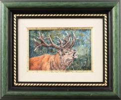Bodák Anita (-): Szarvasbőgés (vadászat témájú festmény). Olaj, farost. Jelzett. Fakeretben. 10×15 cm