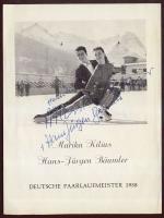 1958 Marika Kilius és Hans-Jürgen Bäumler német korcsolyázó páros aláírása fényképes bemutatkozó pap...