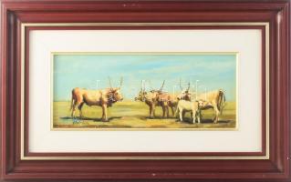 Urbán Gábor (1946-): Gulya. Olaj, farost, jelzett, dekoratív fakeretben, 15x35 cm