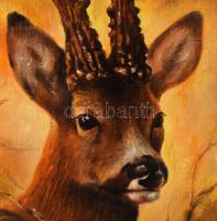 Antal László (1962-): Őz fej (vadászat témájú festmény). Olaj, farost, jelzett. Dekoratív fakeretben...