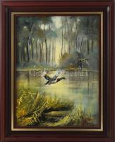 Antal László (1962-): Vadkacsák (vadászat témájú festmény). Olaj, farost, jelzett. Dekoratív fakeretben. 40×30 cm.