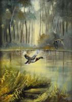 Antal László (1962-): Vadkacsák (vadászat témájú festmény). Olaj, farost, jelzett. Dekoratív fakeret...