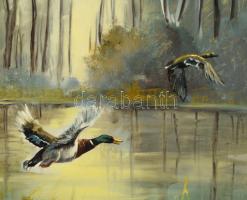 Antal László (1962-): Vadkacsák (vadászat témájú festmény). Olaj, farost, jelzett. Dekoratív fakeret...