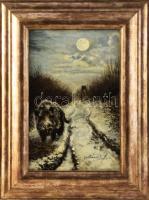 Udvarnoki Péter (1955-): Vaddisznó (teilhold). Olaj, farost. Jelzett. Keretben. 30x20 cm