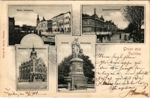 1904 Svitavy, Zwittau; Oberer Stadtplatz, Ottendorferstrasse, Volksbibliothek, Denkmal Mutterliebe. Verlag O. Tyrolt / square, street, library, monument. Art Nouveau (EK)