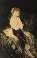 Csók István (1865-1961) - Prihoda István (1891-1956): Lányka. Színezett rézkarc, papír, jelzett (Pri...