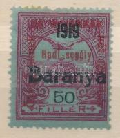 Baranya I. 1919 Hadisegély 50f, Bodor vizsgálójellel (foghiány / missing perf.)