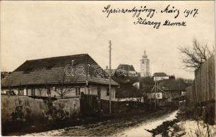 1917 Sepsiszentgyörgy, Sfantu Gheorghe; utca télen, református templom / street view in winter, Calvinist church. photo