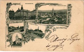 1899 Kolozsvár, Cluj; New York szálloda, Kolozsvár közepe a Fellegvárról nézve, Fő tér a Luteránus templommal, városi vasút, kisvasút, vashíd és környéke, Minoriták temploma. Dunky fivérek fényképészeti műterméből / hotel, general view, main square, church, urban railway, bridge. Art Nouveau, floral (EB)