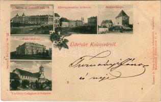 1899 Kolozsvár, Cluj; Pénzügyi és erdészeti paloták, Emke palota, Unitárius Kollégium és templom, Külmagyar utca torkolata, Bethlen bástya. Ferencz és társa 27. / boarding school and church, street, bastion tower, Financial and forestry palaces (EK)