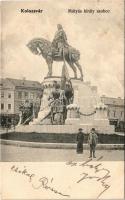 1905 Kolozsvár, Cluj; Mátyás király szobor, üzletek / statue, shops (EK)