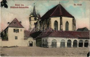 1912 Szászsebes, Mühlbach, Sebes; Evang. Kirche. Johann Rilki Spezerei / Lutheran church (EK)