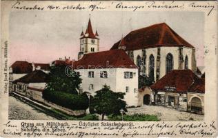 1904 Szászsebes, Mühlbach, Sebes; Evang. Kirche. Verlag A. Gross / evangélikus templom, Josef Hientz üzlete és saját kiadása / Lutheran church, shop (Rb)