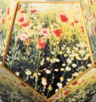 Hollóházi tízoldalas virágmintás geometrikus váza, jelzett, hibátlan, m: 17 cm