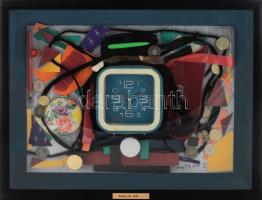 Tommy Vig (1938-): Megállítottam az időt. Vegyes technika, kollázs, applikációk, karton, jelzett. Üvegezett fadobozban. 38x50x6 cm. CSAK SZEMÉLYES ÁTVÉTEL! / ONLY PERSONAL COLLECTION AT OUR OFFICE!