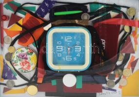 Tommy Vig (1938-): Megállítottam az időt. Vegyes technika, kollázs, applikációk, karton, jelzett. Üv...