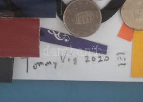 Tommy Vig (1938-): Megállítottam az időt. Vegyes technika, kollázs, applikációk, karton, jelzett. Üv...