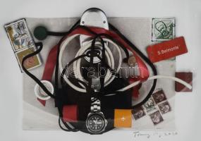 Tommy Vig (1938-): Az idő nem szalad. Vegyes technika, kollázs, applikációk, karton, jelzett. Üvegez...