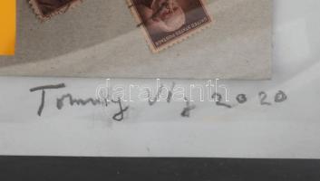 Tommy Vig (1938-): Az idő nem szalad. Vegyes technika, kollázs, applikációk, karton, jelzett. Üvegez...