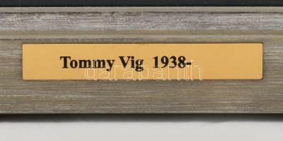 Tommy Vig (1938-): Az idő nem szalad. Vegyes technika, kollázs, applikációk, karton, jelzett. Üvegez...