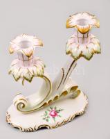 Hollóházi két ágú barokkos gyertyatartó, jelzett, hibátlan, 16 cm