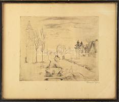 Pohárnok Zoltán (1905-1976): Falusi utca, rézkarc, papír, jelzett, számozott, üvegezett fakeretben, 19,5×24 cm