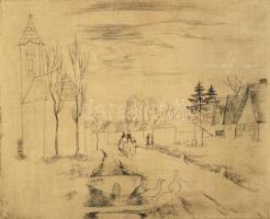 Pohárnok Zoltán (1905-1976): Falusi utca, rézkarc, papír, jelzett, számozott, üvegezett fakeretben, ...