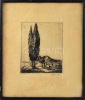 Bencze László (1907-1992): Hazafelé. Rézkarc, papír, jelzett, üvegezett fakeretben, 16×12,5 cm