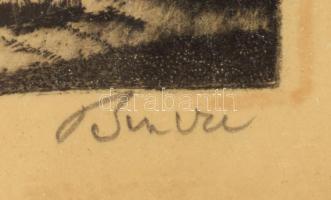 Bencze László (1907-1992): Hazafelé. Rézkarc, papír, jelzett, üvegezett fakeretben, 16×12,5 cm