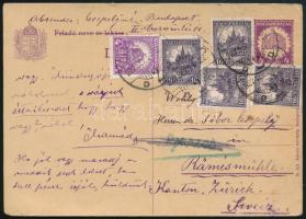1927 4f díjjegyes levelezőlap 4f + 4 x 16f díjkiegészítéssel Svájcba