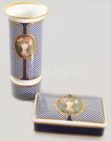 Hollóházi váza és bonbonier Szász Endre által tervezett ritka mintával díszítve, 21 karátos arannyal aranyozva, jelzett, hibátlan, m: 19,5 cm, 14x9 cm /// Hollóháza vase and bonbonniere, decorated with a rare pattern designed by Endre Szász, gilded with 21 karat gold, marked, flawless, h: 19.5 cm, 14x9 cm