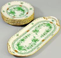 Herendi Indiai kosár zöld mintás szendvicses / süteményes készlet, jelzett, teljes, hibátlan, d: 19,5 cm, tálca h: 30 cm