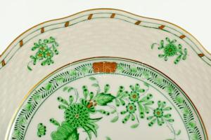 Herendi Indiai kosár zöld mintás szendvicses / süteményes készlet, jelzett, teljes, hibátlan, d: 19,...