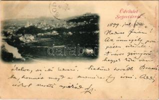 1899 Segesvár, Schässburg, Sighisoara; látkép. Zeidner H. kiadása / general view + "BRASSÓ - BUDAPEST 15. SZ." vasúti mozgóposta bélyegző (vágott / cut)
