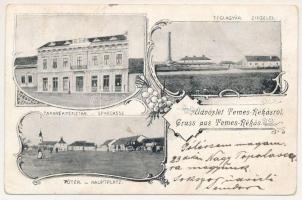 1900 Temesrékas, Temes-Rékás, Recas; Téglagyár, Takarékpénztár, Fő tér. Szecessziós-virágos keret / Ziegelei, Sparcasse, Hauptplatz / brickyard, brick factory, savings bank, main square. Art Nouveau, floral frame (kis szakadás / small tear)