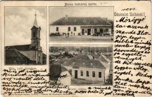 1903 Zsibó, Jibou; Római katolikus templom, Állami iskola, Merza Testvérek üzlete és saját kiadása. Kalmár M. fényképész felvétele után / Catholic church, school, publisher's shop (EB)