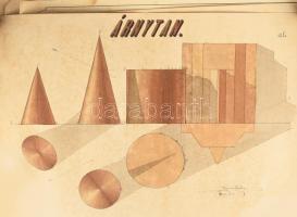 1870-1877 Selmecbánya, Kuzma Gyula (1855-1932) erdész hallgató(M. Kir. Bányás és Erdész Academia) iskolai tanulmány rajzai, közte "Árnytan" 8 db, "Távlattan" 1 db, Anyagok jelölése 2 db, "Leíró mértan" 1 db, összesen 12 db, 2 az iskola bélyegzéseivel, névbejegyzésekkel, változó állapotban, közte gyűrött is, 35x46 cm és 38x54 cm közötti méretben