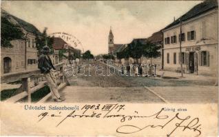 1903 Szászsebes, Mühlbach, Sebesul Sasesc, Sebes; Görög utca Josef Glaser üzletével / Griechengasse / street view with shop (r)