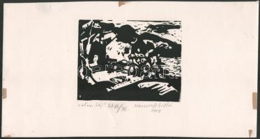 Mazsaroff Miklós (1929-1997): Olasz táj. Linómetszet, papír, jelzett, művészpéldány EA VII/IV számozással, lap szélén paszpartuzás nyomaival, 12,5×16 cm