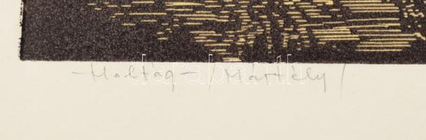 Németh András (1941-): Holtág (Mártély). Színes linómetszet, papír, jelzett. 30×50 cm