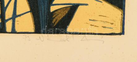 Németh András (1941-): Virág, 1973. Színes linómetszet, papír, jelzett. Kartonra kasírozva. 40×20 cm