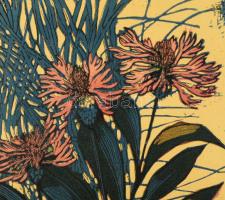 Németh András (1941-): Virág, 1973. Színes linómetszet, papír, jelzett. Kartonra kasírozva. 40×20 cm