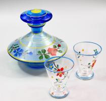 Retro italos üveg 2 pohárral, kis pattogzással, m: 7-14 cm